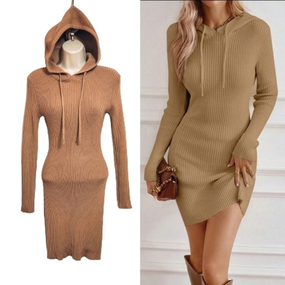 SHEIN Dresses & Skirts - Shein Ribbed Knit Hoodie Sweater Dress Tan Medium